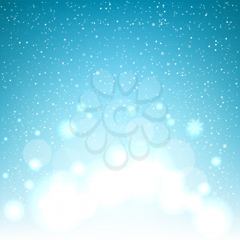 Christmas magic glowing snow circle blue bokeh background. Falling snowflakes azure backdrop. Winter decoration design template