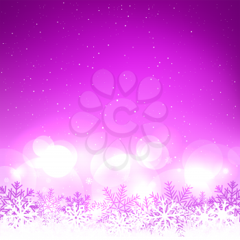 Christmas purple snow decoration design template backdrop. Glowing circle bokeh falling snowflake background