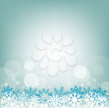Blue glowing bokeh sky cloud snow background. Falling snowflakes azure backdrop. Christmas winter decoration design template