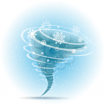 Winter snow tornado icon with shadow on blue background. Christmas swirl snowflakes storm