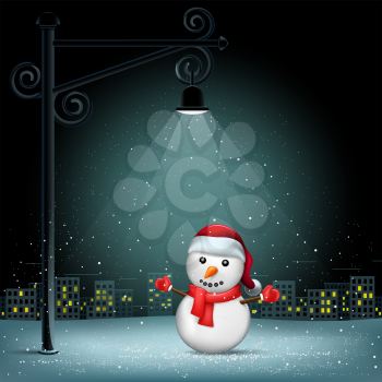 Snowman standing on pillar lamp lights. Christmas snowflakes falls on night city background