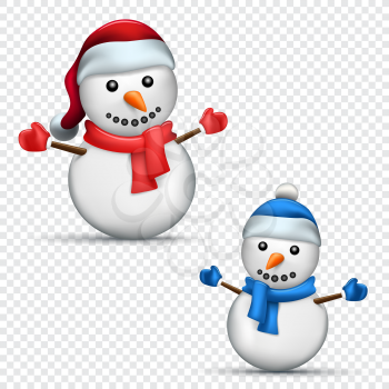 Christmas snowman set with shadow on transparent background. Red and blue scarf, mitten and cap clothes dressed on snowmans