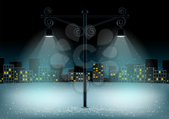 Electric pillar lamps lights and falling snow. Christmas snowflakes falls on night city background