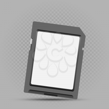 Black memory card template with shadow on gray transparent background. Technology electronic object