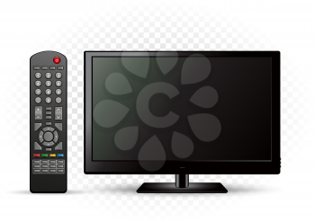 Black TV with remote control on white transparent background