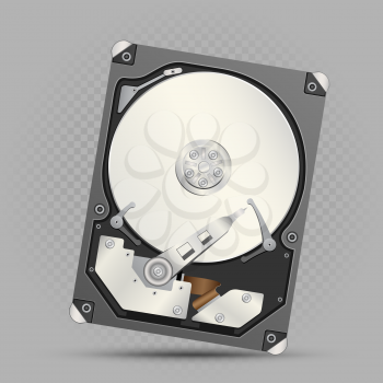 Disassembled hard drive with shadow on gray transparent background. Technology electronic object