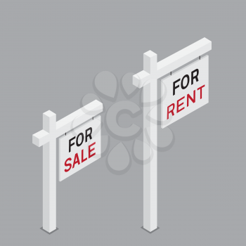For rent and sale isometric sign on gray background. Real estate sell white billboard