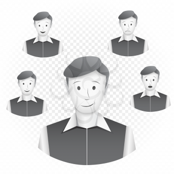Men template with emotions on white transparent background. Set of mans character and different face expression