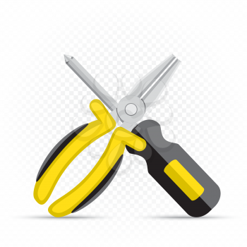 Pliers and screwdriver repair icon on white transparent background. Work equipment sign. Industrial tool symbol