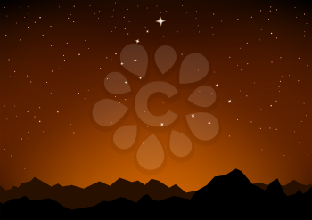 Star constellations and mountain sunset. Night orange sky with constellation of the Great and Little Dipper as they are in the nature and the silhouette of the mountains