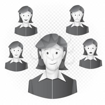 Women template with emotions on white transparent background. Set of womens character and different face expression