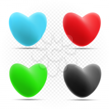 Color heart set with shadow on white transparent background. Blue red green and black hearts collection