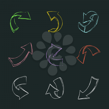 Drawn different arrows set on dark background. Draw multicolored arrow pointer collection