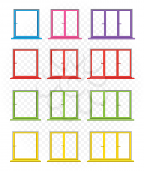 Multicolored closed windows template set on transparent background. Home outdoor exterior element. Architecture window build object