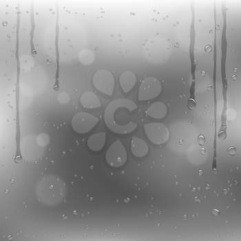 Text miss you and hearts symbol draw on rainy window. Sadness romantic rain template on glass surface with gray storm clouds background
