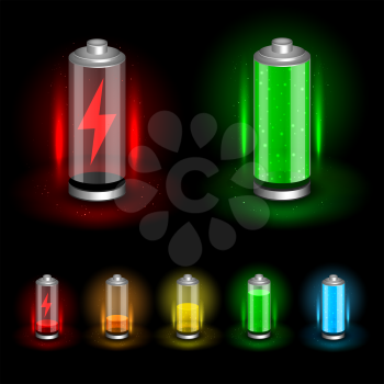 Battery accumulator icon set on dark black background. Glossy batteries collection with green red orange yellow blue indicator color charge. Easy to edit width height thickness and charge