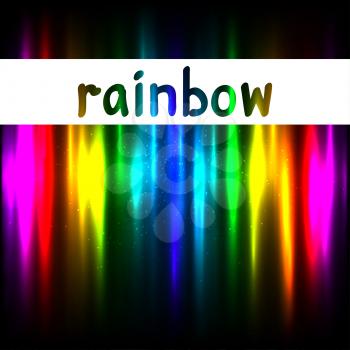 Text rainbow on colors lights template background. Natural radiance vector illustration dark backdrop