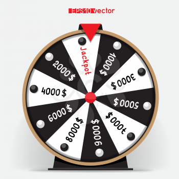 Black and white ten segmentation fortune wheel lottery object. Gamble jackpot prize spin with shadow. Round drum casino money game