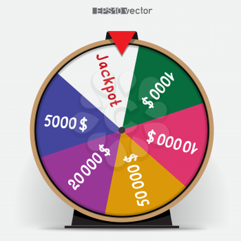 Six segmentation fortune wheel lottery object. Gamble jackpot prize spin with shadow. Round drum casino money game