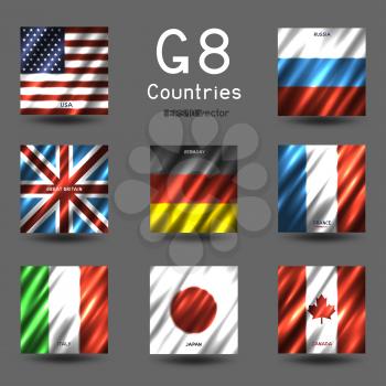 G8 USA Canada France Germany Italy Japan Russia Great Britain square flag icon set on gray background. Great 8 country banner backdrop