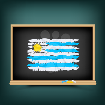 Uruguay national flag draw on school education blackboard. Uruguayan standard banner backdrop. Learn language lesson