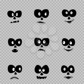 Cartoon day of the dead eyes set template on transparent background. Zombie emotion Halloween faces design collection