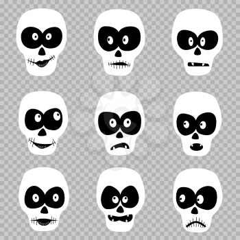 Cartoon day of the dead masks skull set template on transparent background. Zombie emotion Halloween faces design collection