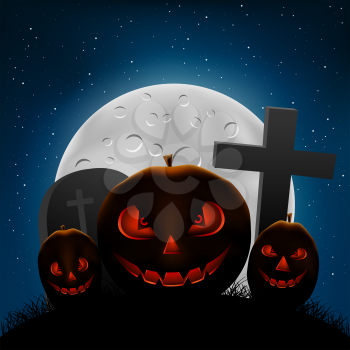 Halloween Holiday pumpkins on dark night background. Scary smiling pumpkin faces in darkness cemetery and moonlight backdrop
