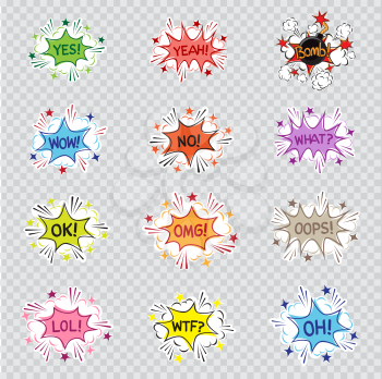 Cartoon message illustration set on transparent background. Comic sound effect graphic. Yes yeah bomb wow no what ok omg oops lol wtf oh letters posted on colorful communication quote bubble