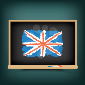 Learn English language lesson. Great Britain national flag draw on school education blackboard. Great 8 country United Kingdom standard banner backdrop