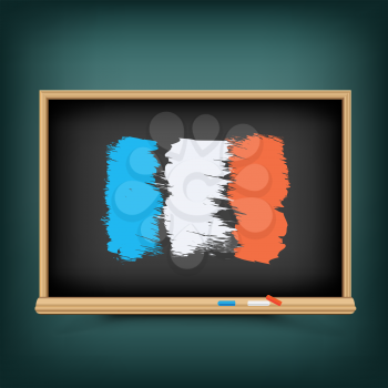 France national flag draw on school education blackboard. Great 8 country French standard banner backdrop. Learn language lesson
