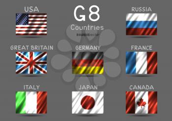 G8 USA Canada France Germany Italy Japan Russia Great Britain rectangular flag icon set on gray background. Great 8 country banner backdrop. Easy to edit wave light shadow