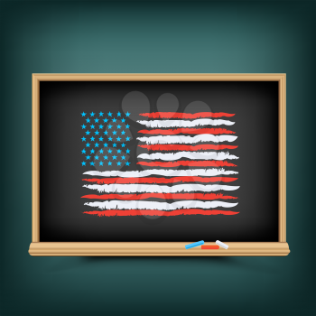 USA national color flag draw on school education blackboard. Great 8 country United States of America standard banner backdrop. Learn language lesson