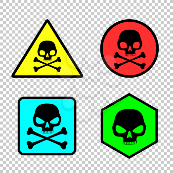 Skull stickers icon set on transparent background. Attention dangerous sign labels collection. Simple triangle round and square hazard toxic voltage alert symbol