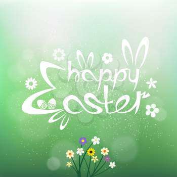 Happy Easter text on green blurry bokeh background. Nature spring or summer abstract flora wild flowers bottom. Holiday eggs with a pattern, rabbit ears and white message natural backdrop