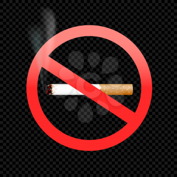 No smoking symbol. Stop smoke sticker. Cigarette forbid sign on transparent dark background