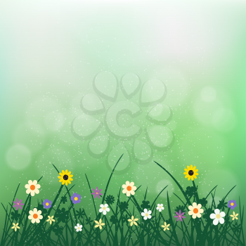 Wild flowers plant and grass on green blurry bokeh background. Nature spring or summer abstract flora. Chamomile cornflower violet snowdrop grow on natural agriculture backdrop