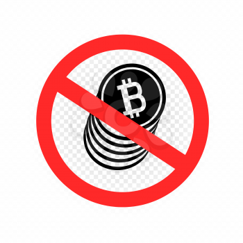No crypto currency sign icon. Forbidden bitcoin red symbol on white transparent background. Prohibition virtual internet money
