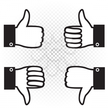 Like and dislike symbol icon set. Black hand palm with raised upward and down thumb finger on white transparent background. Good well and bad sign collection