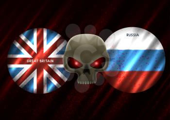 Conflict between Great Britain and Russia. Two round flags and skull with red eyes on dark background. Cold war illustration