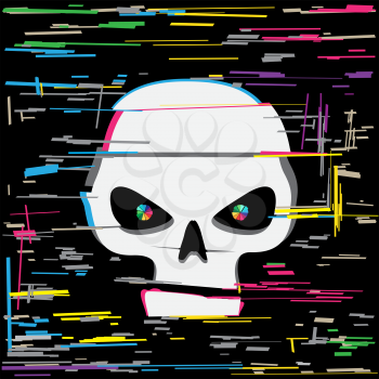 White glitch hack skull and colors line interference on dark black background. Computer crime hacker attack illustration