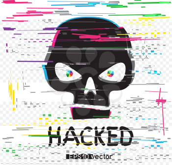 Glitch black hack skull with hacked text on light white background. Computer crime hacker attack illustration