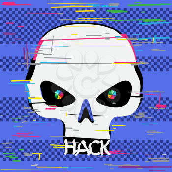 Glitch hacker skull with hack text teeth on blue screen device background. Computer crime hacker attack illustration