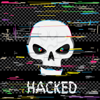 Glitch hack skull with hacked text message on dark black background. Computer crime hacker attack illustration