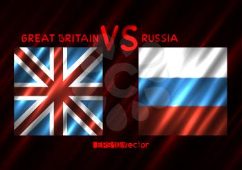 Great Britain VS Russia conflict. Rectangular flags on dark red background. Cold war illustration