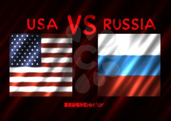 USA VS Russia conflict. Square flags on dark red background. Cold war illustration