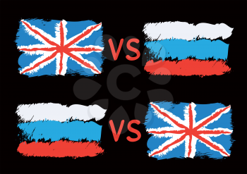 Conflict between Great Britain and Russia. Rectangular flags on dark background. Cold war illustration