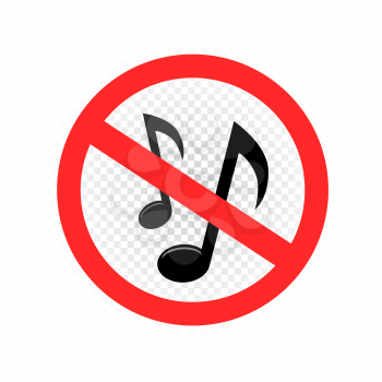 No music sign symbol icon on white transparent background. Forbidden sound be quiet. Round red label and line cross the musical notes