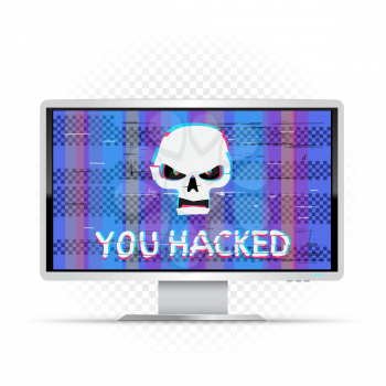 You hacked text on white wide monitor with blue glitch background. Angry white hacker skull with hack message on device. Computer crime attack illustration