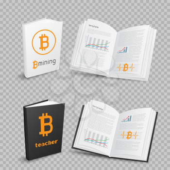 White and black crypto currency bitcoin books template with shadow on transparent background. Education e-commerce internet mining blockchain teach and learn object